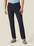 Front view of a model wearing Luca Faloni's black tapered fit jeans, styled with tan suede sneakers.