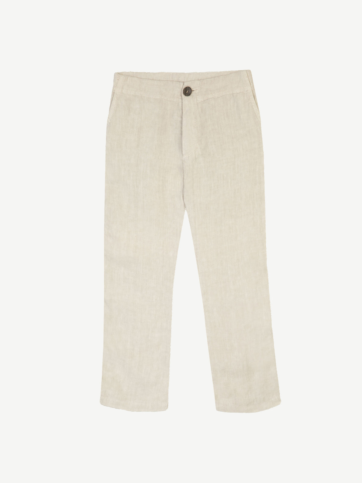 Front view of the light beige Lipari Junior Linen Trousers, laid flat against a white background.