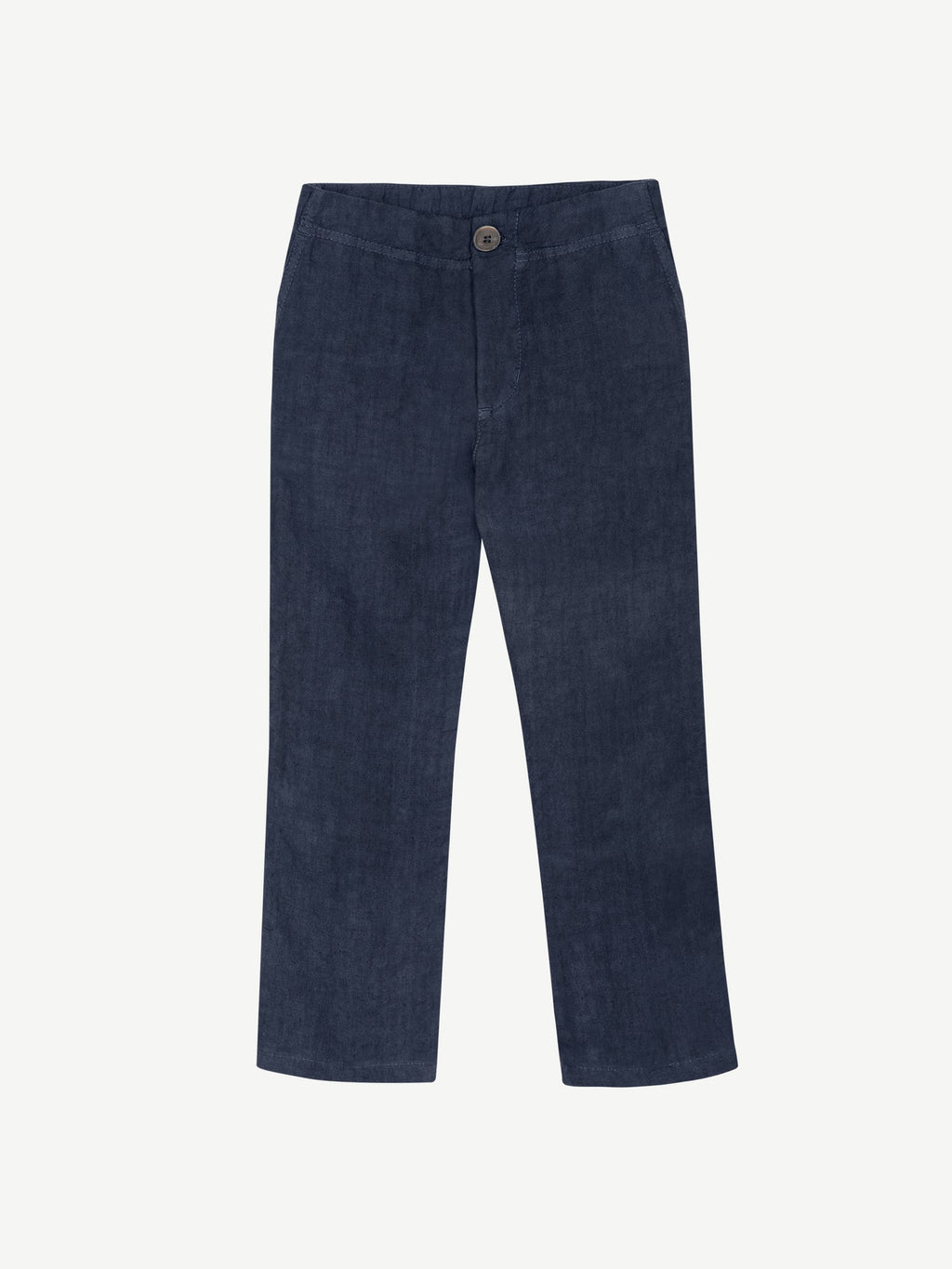 Front view of the Lipari Junior Linen Trousers in dark blue against a white background.