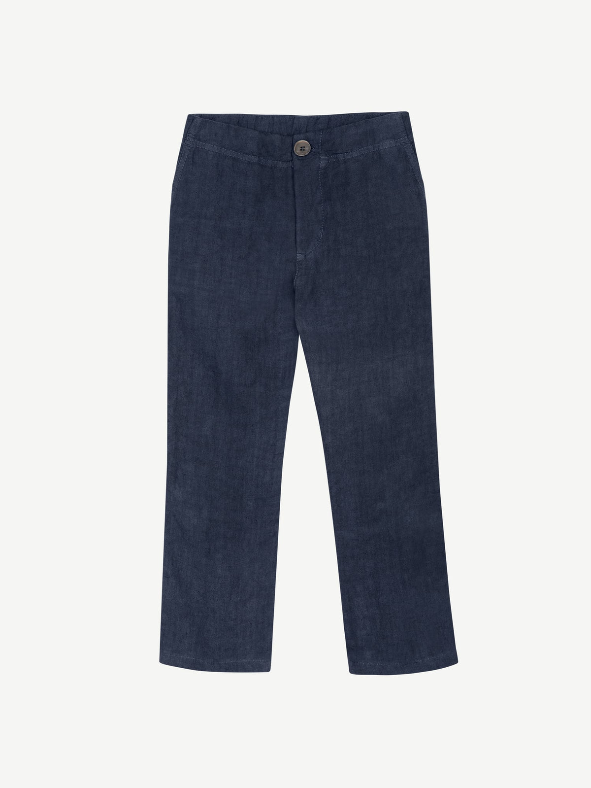 Front view of the Lipari Junior Linen Trousers in dark blue against a white background.