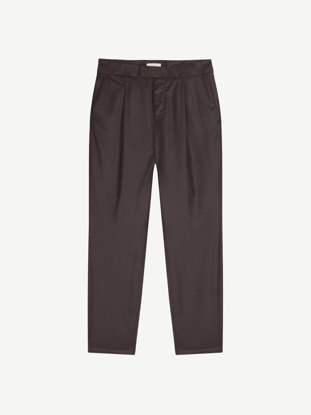 Front view of the Luca Faloni Wool Pleated Trousers in chocolate brown, laid flat.