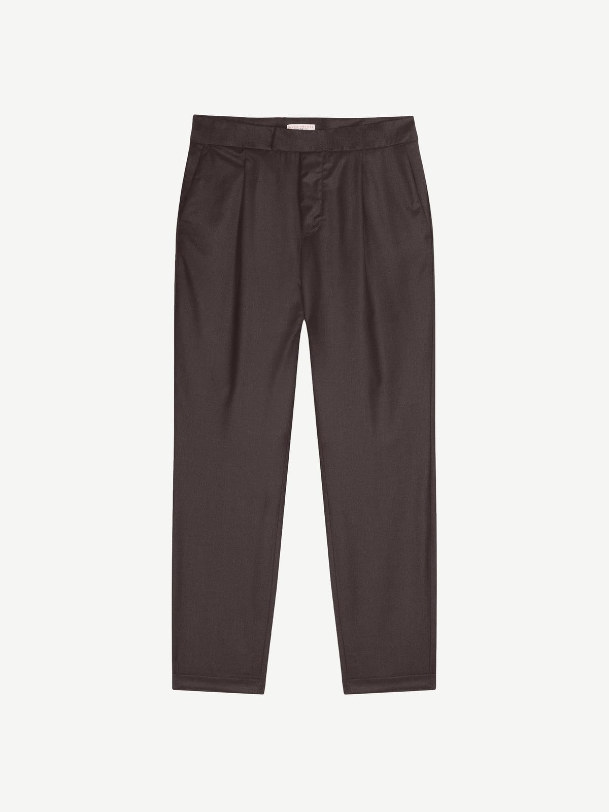 Front view of the Luca Faloni Wool Pleated Trousers in chocolate brown, laid flat.