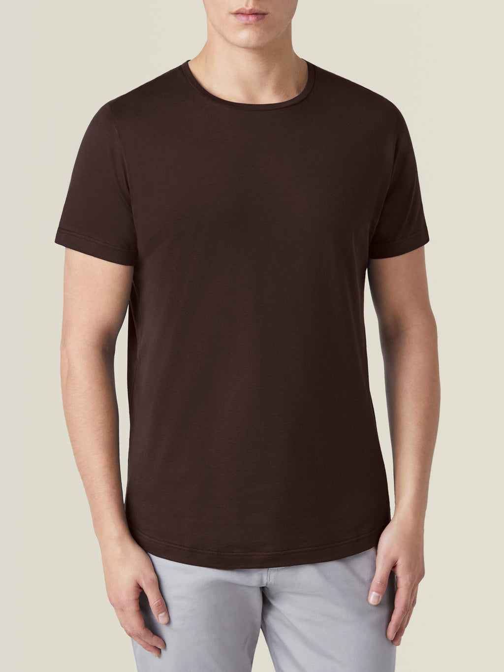 Front view of a model wearing the Luca Faloni Silk-Cotton T-Shirt in Chocolate Brown.