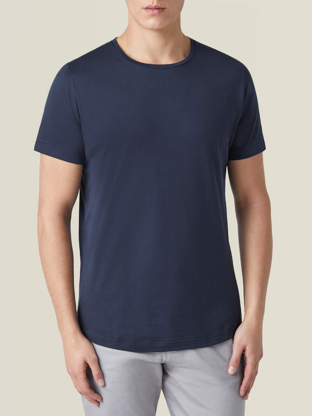 Front view of a model wearing the Luca Faloni Silk-Cotton T-Shirt in Midnight Blue.