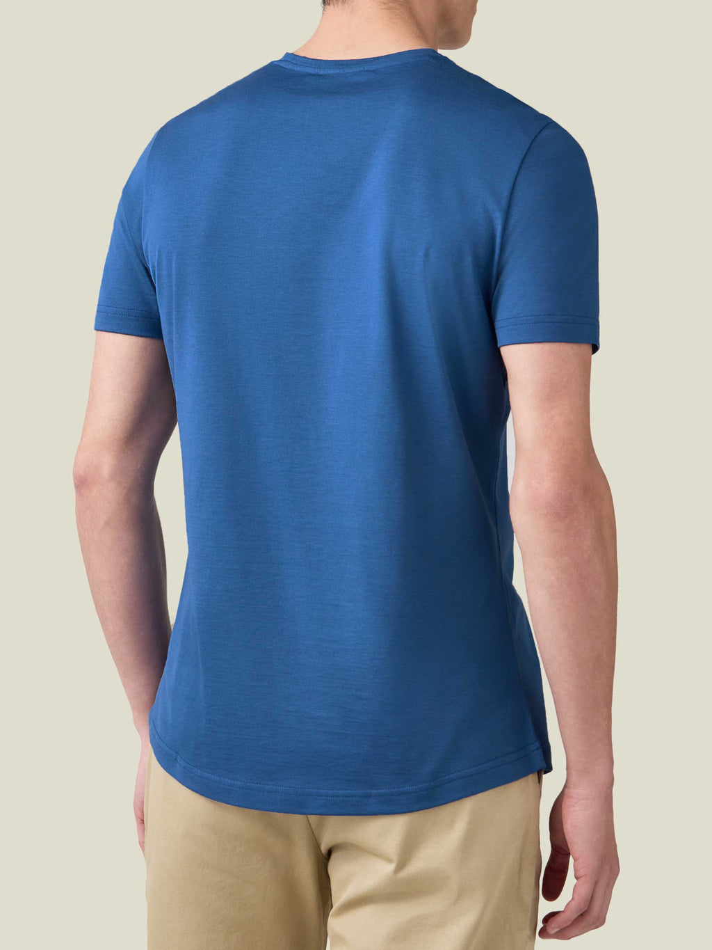 Back view of a model wearing the royal blue Silk-Cotton T-Shirt.