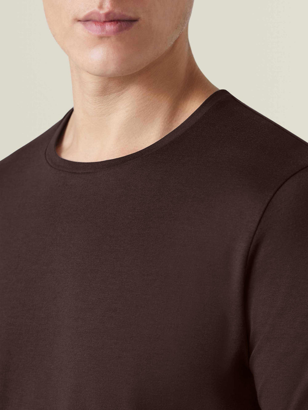 Close-up detail of the crew neckline on the Luca Faloni Chocolate Brown Silk-Cotton T-Shirt.