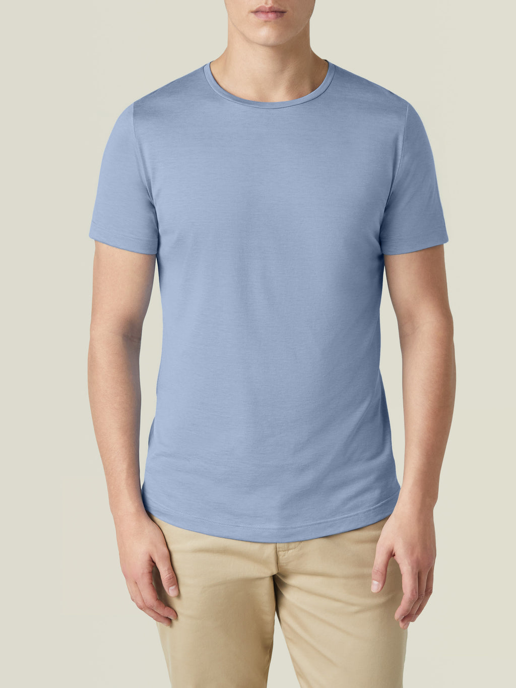 Front view of the Luca Faloni Silk-Cotton T-Shirt in light blue worn by a model.