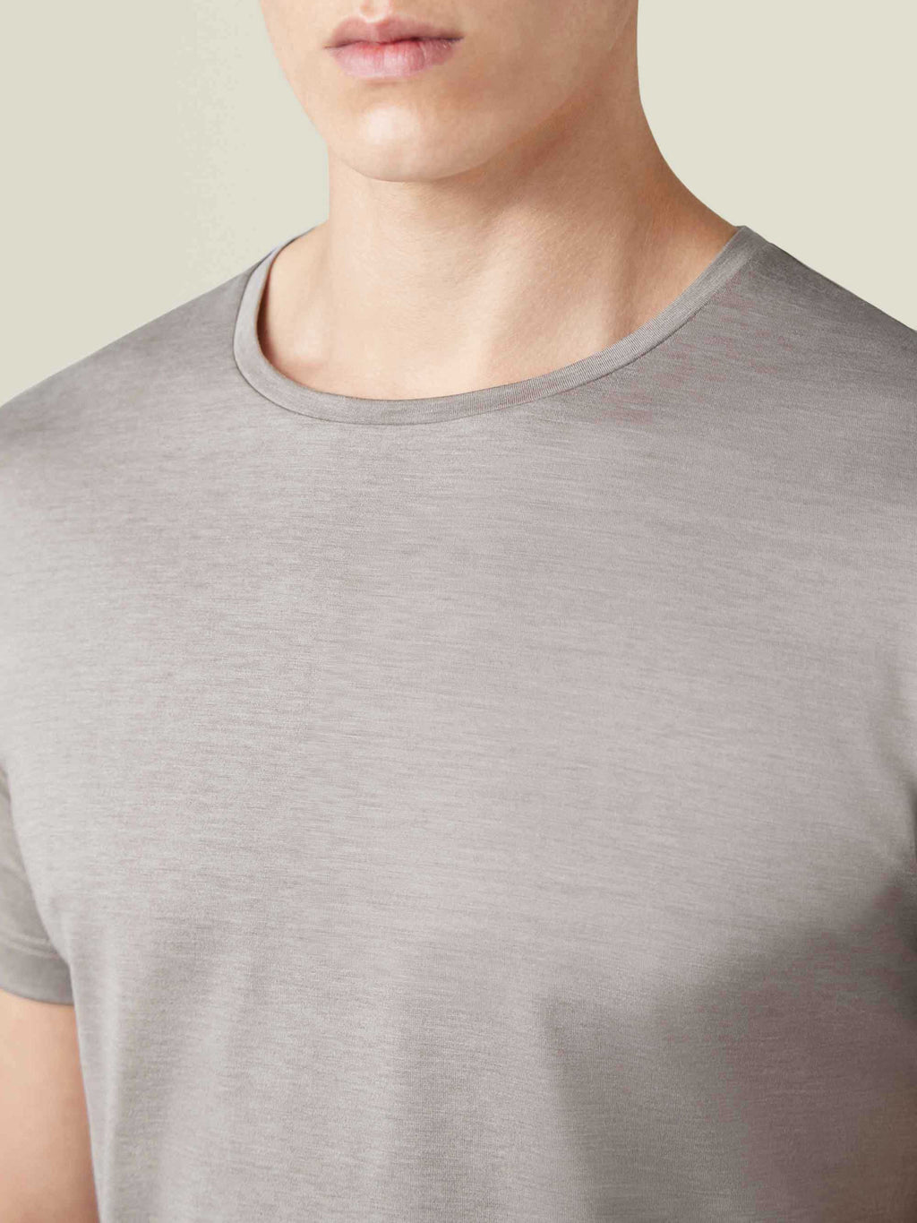 Close-up of the Nocciola Brown Silk-Cotton T-Shirt, showing the fine texture of the fabric and the classic crew neckline.