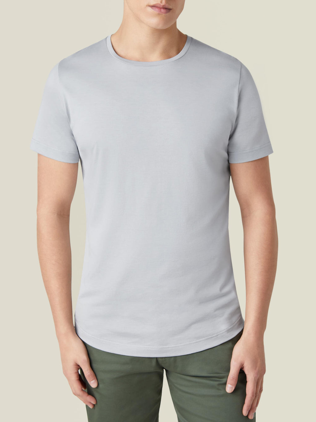 Front view of a model wearing the Luca Faloni Silk-Cotton T-Shirt in light grey.
