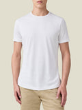Front view of a model wearing the Luca Faloni white silk-cotton t-shirt, highlighting its refined fit and crew neckline.
