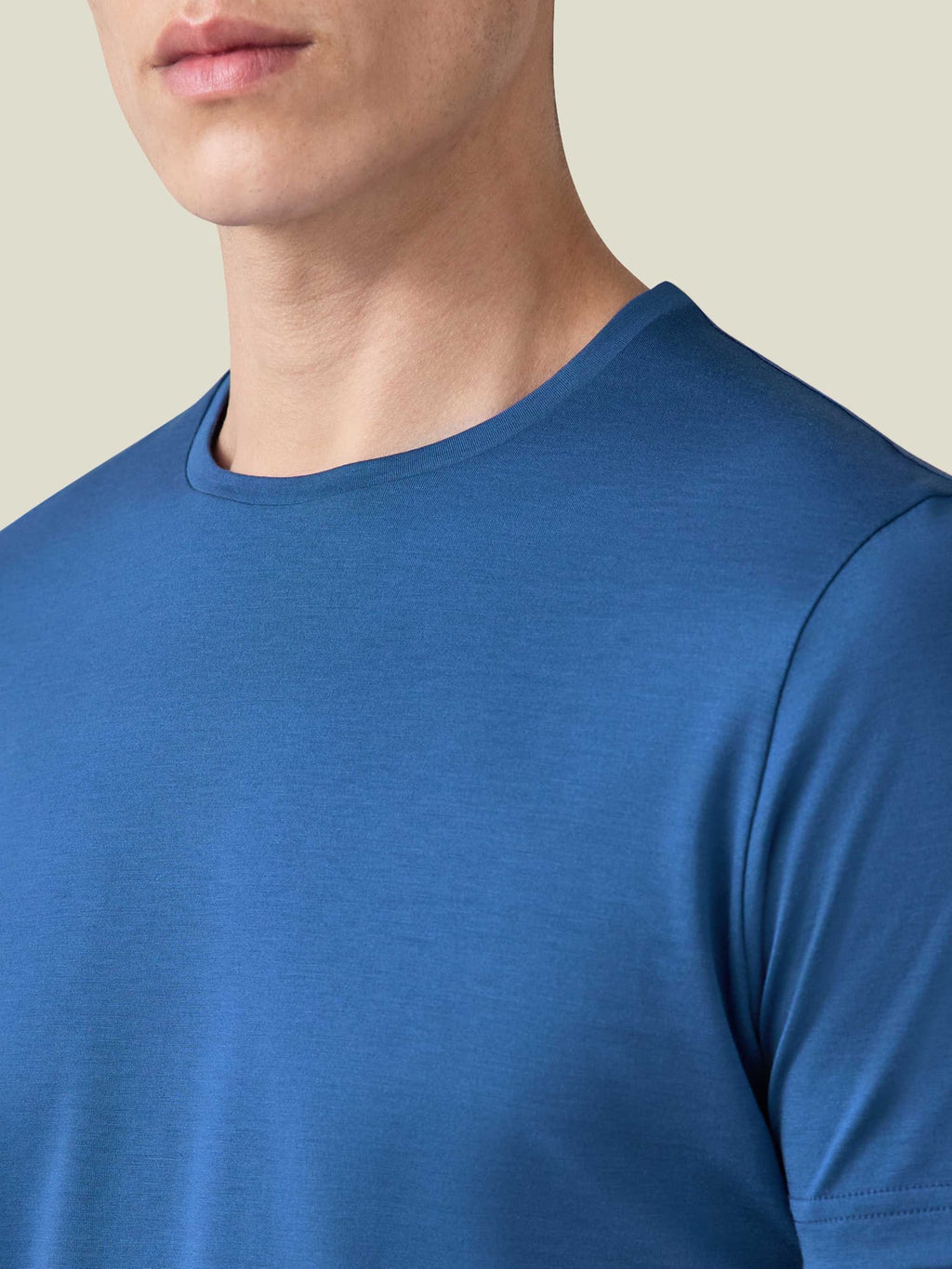 Close-up of a model wearing the royal blue Silk-Cotton T-Shirt, showing the crew neckline and soft fabric.