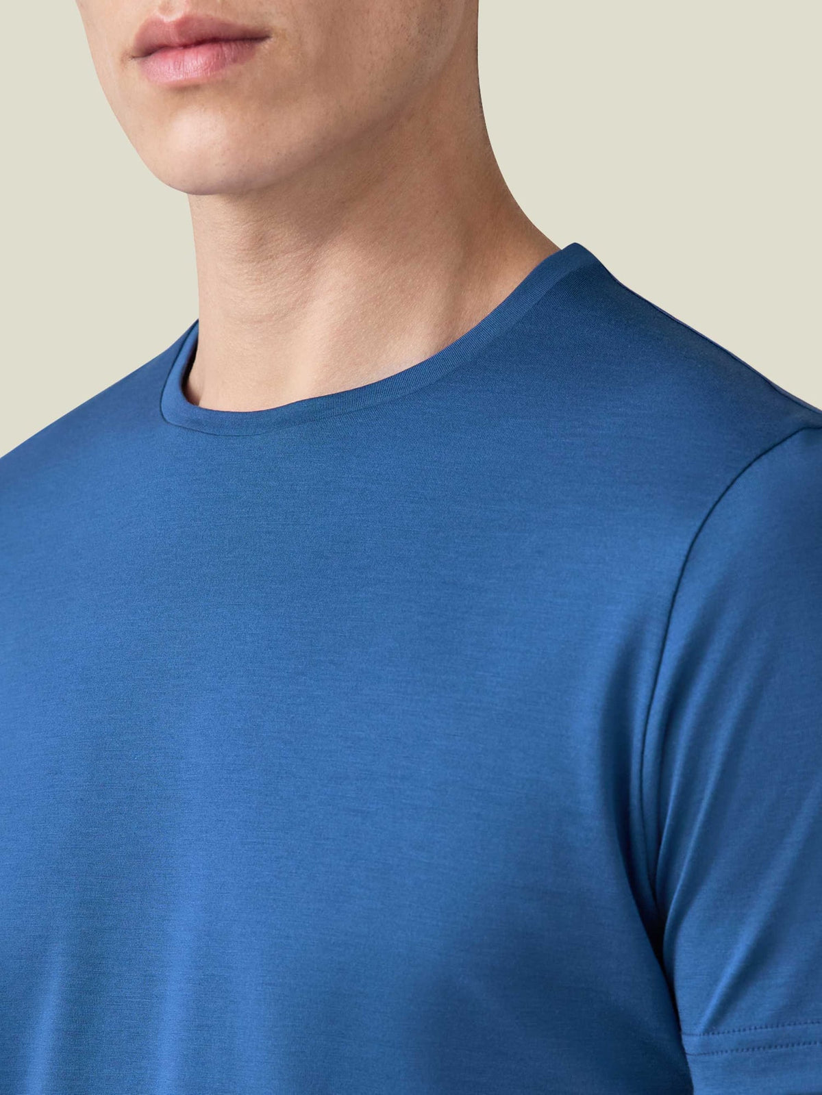 Close-up of a model wearing the royal blue Silk-Cotton T-Shirt, showing the crew neckline and soft fabric.