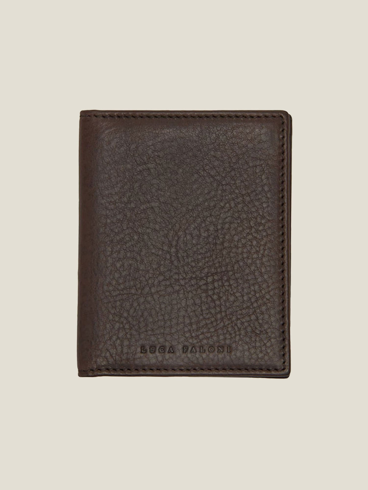 Luca Faloni's Italian-made Bifold Cardholder in chocolate brown leather, shown closed from the front.