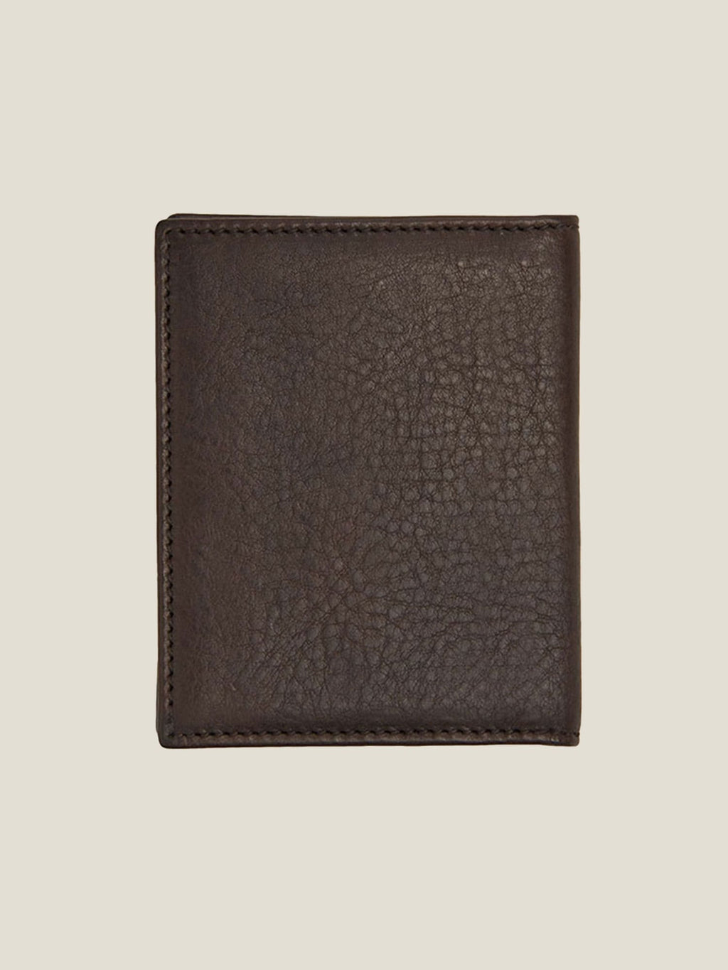 Exterior view of the closed Bifold Cardholder in chocolate brown, showcasing its rich, textured full-grain leather.