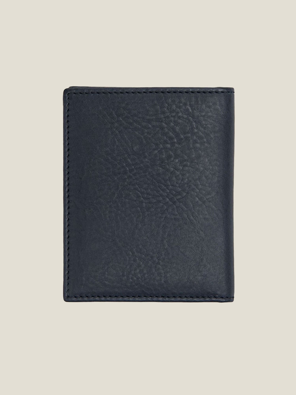 Back view of the Luca Faloni Bifold Cardholder in ink blue full-grain leather, showcasing the texture and stitching.