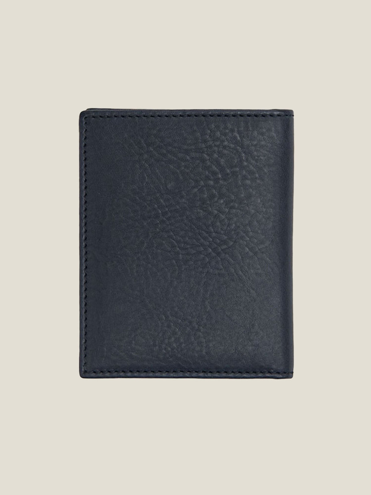 Back view of the Luca Faloni Bifold Cardholder in ink blue full-grain leather, showcasing the texture and stitching.