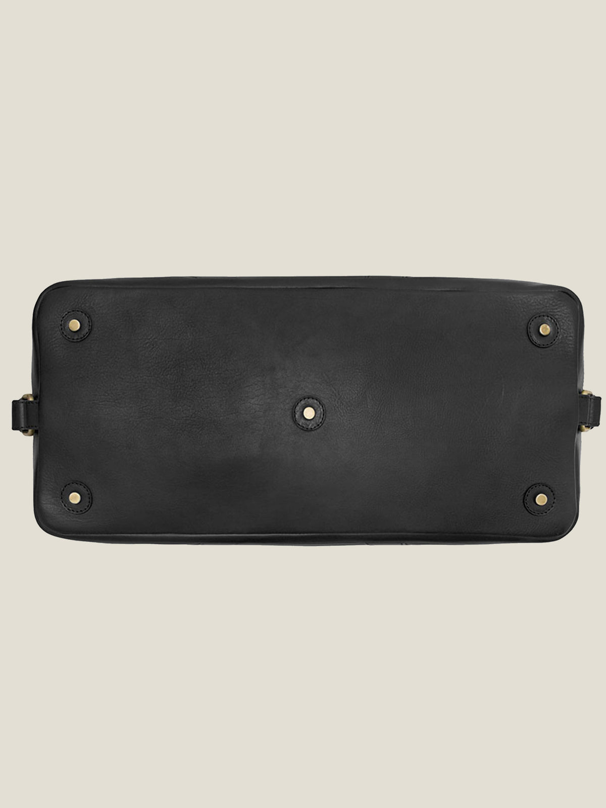 Close-up of the base of the Luca Faloni Black Leather Weekender, showing its protective metal studs.