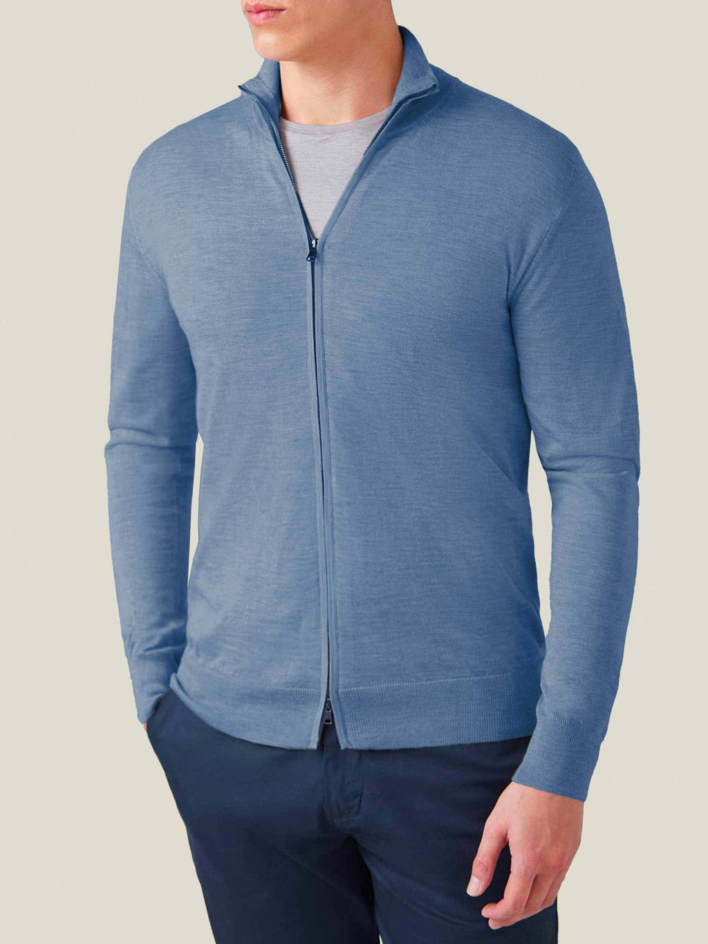 Front view of a model wearing Luca Faloni's Silk-Cashmere Zip Cardigan in Azure.