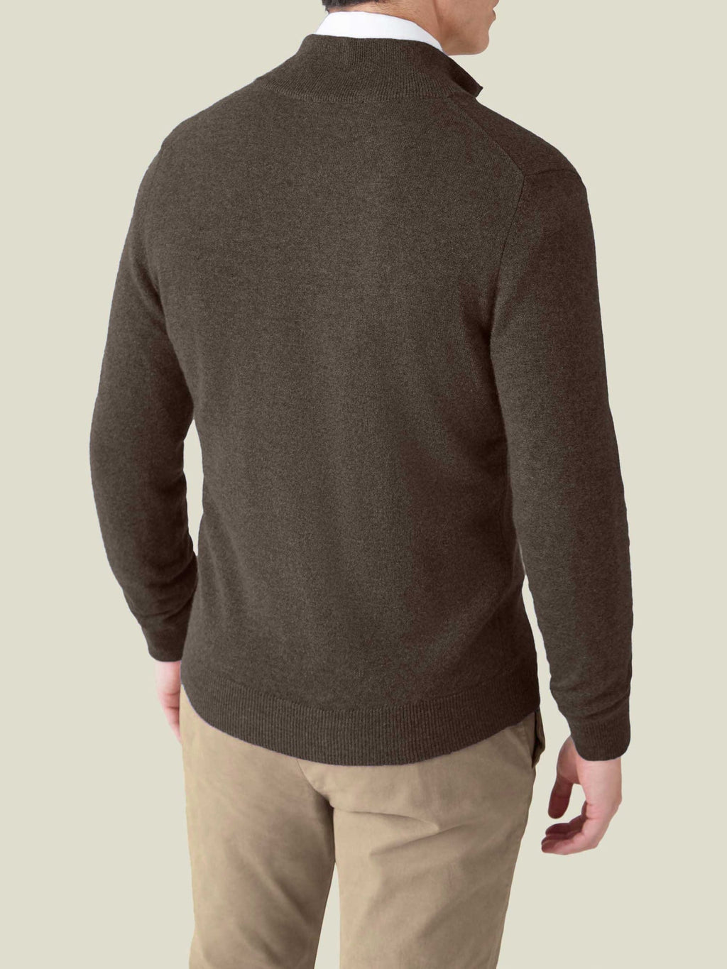 Back view of a model wearing the Luca Faloni Chocolate Brown Cashmere Zip Cardigan.