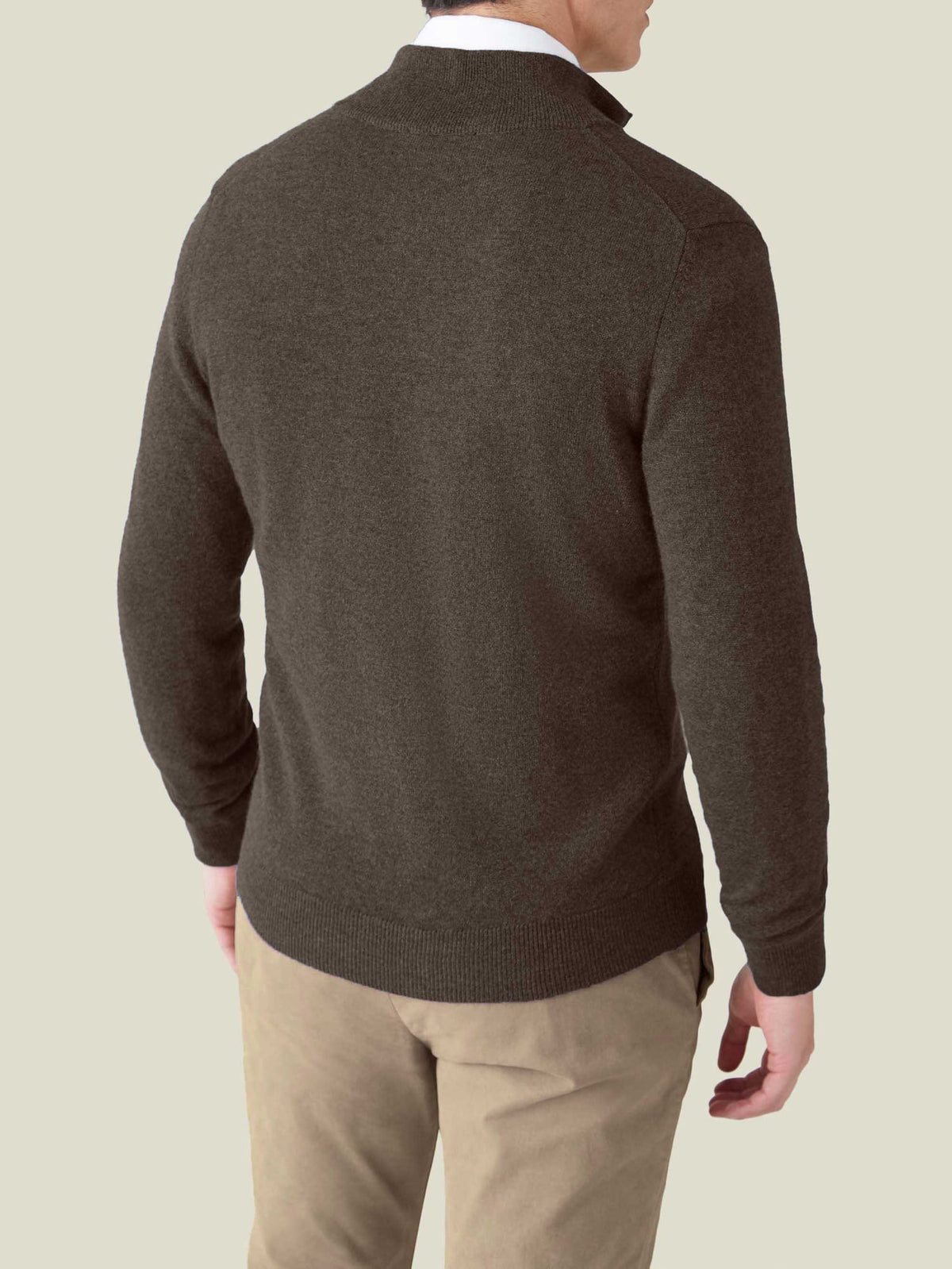 Back view of a model wearing the Luca Faloni Chocolate Brown Cashmere Zip Cardigan.