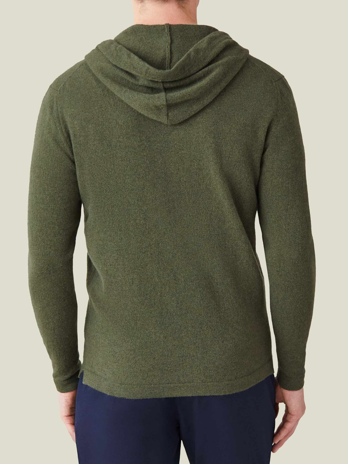 Back view of a man wearing the Luca Faloni Cashmere Zip Hoodie in Hunting Green.