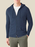 Front view of a man wearing the Luca Faloni Cashmere Zip Hoodie in Atlantic Blue over a white t-shirt.