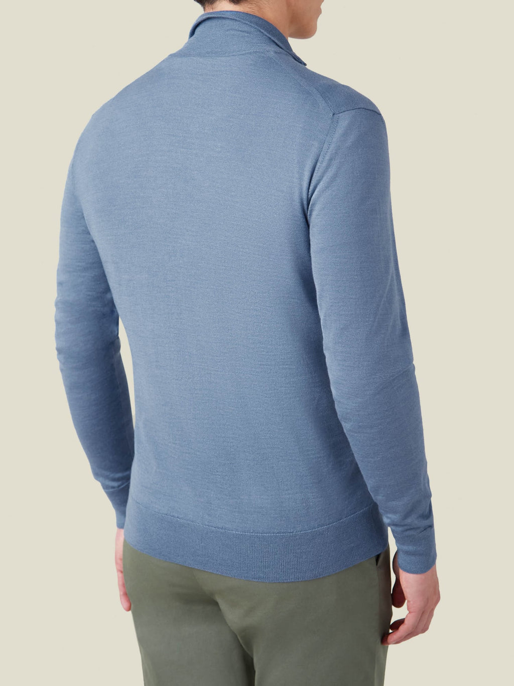 Back view of a man wearing the Luca Faloni Silk-Cashmere Zip-up in Azure.