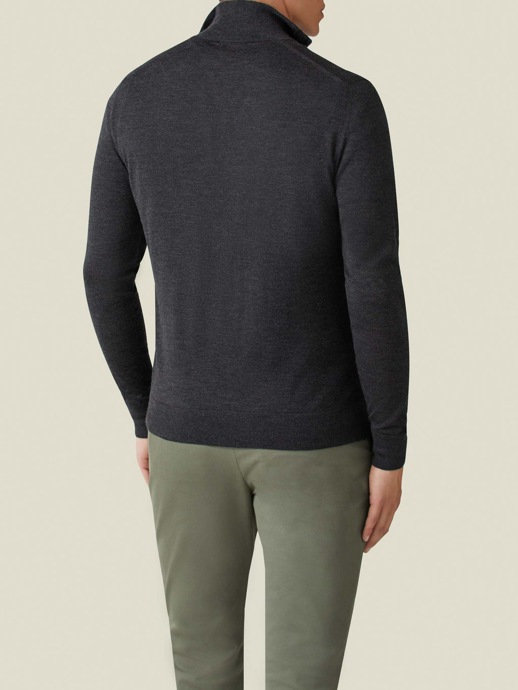 Back view of a man wearing the Charcoal Grey Silk-Cashmere Zip-up.