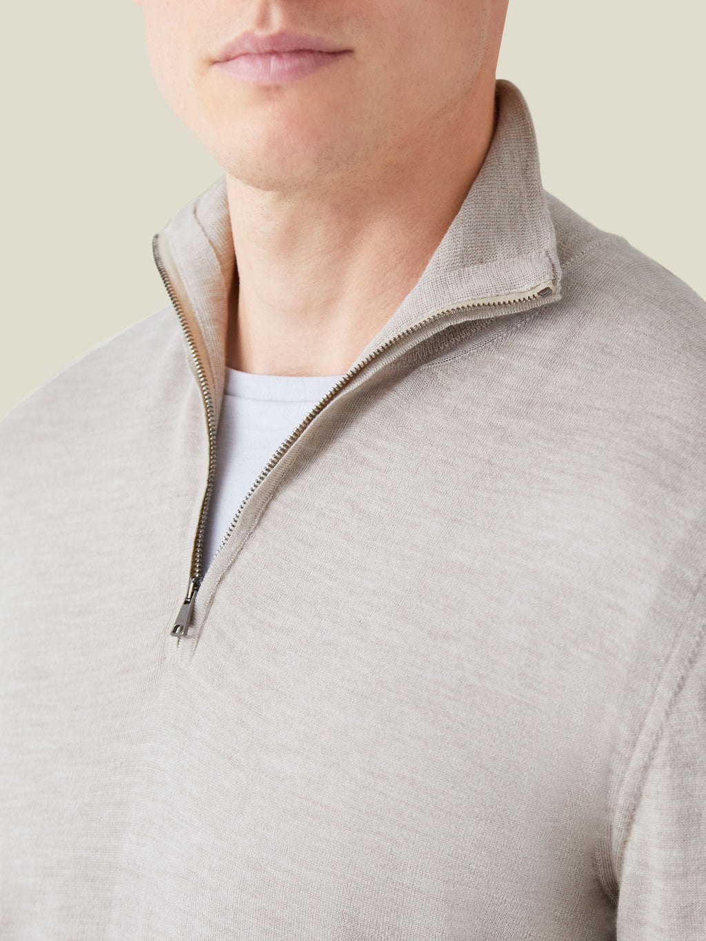 Close-up detail of the Oatmeal Silk-Cashmere Zip-up, highlighting the ribbed funnel collar and quarter-zip fastening.