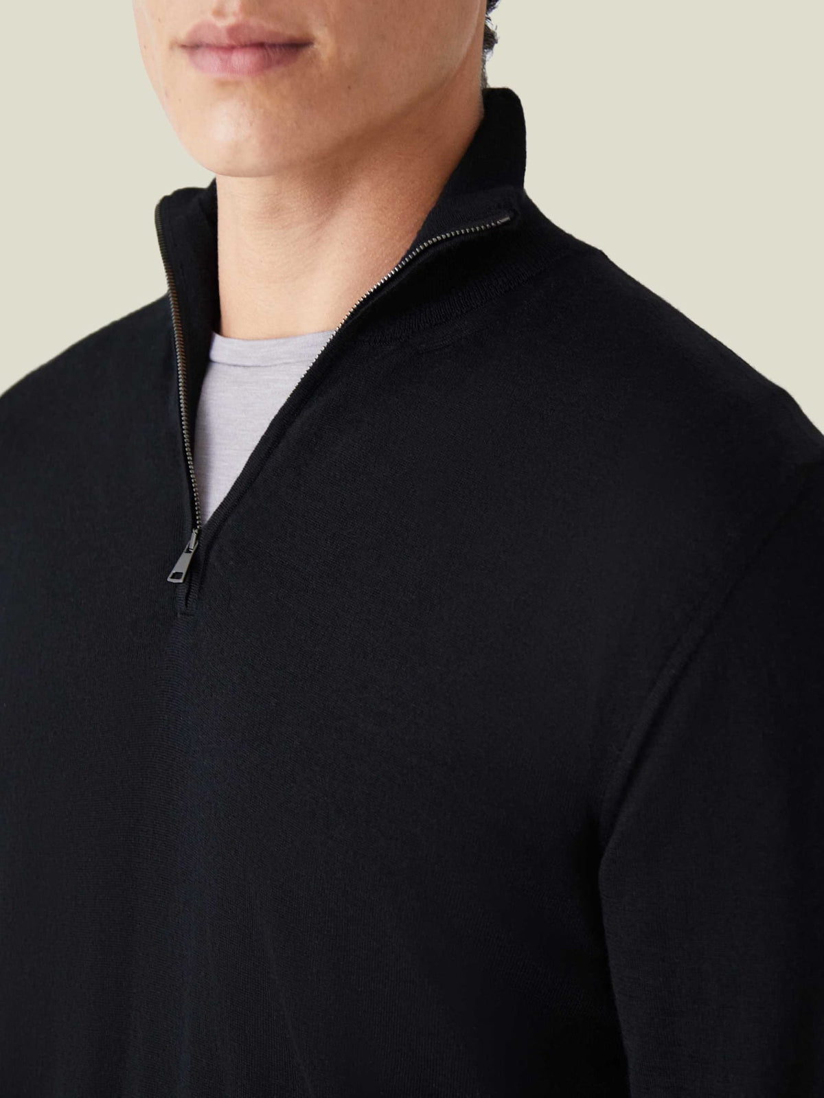 A close-up on the ribbed funnel collar and silver zip of the Luca Faloni Black Silk-Cashmere Quarter-Zip, worn by a model.