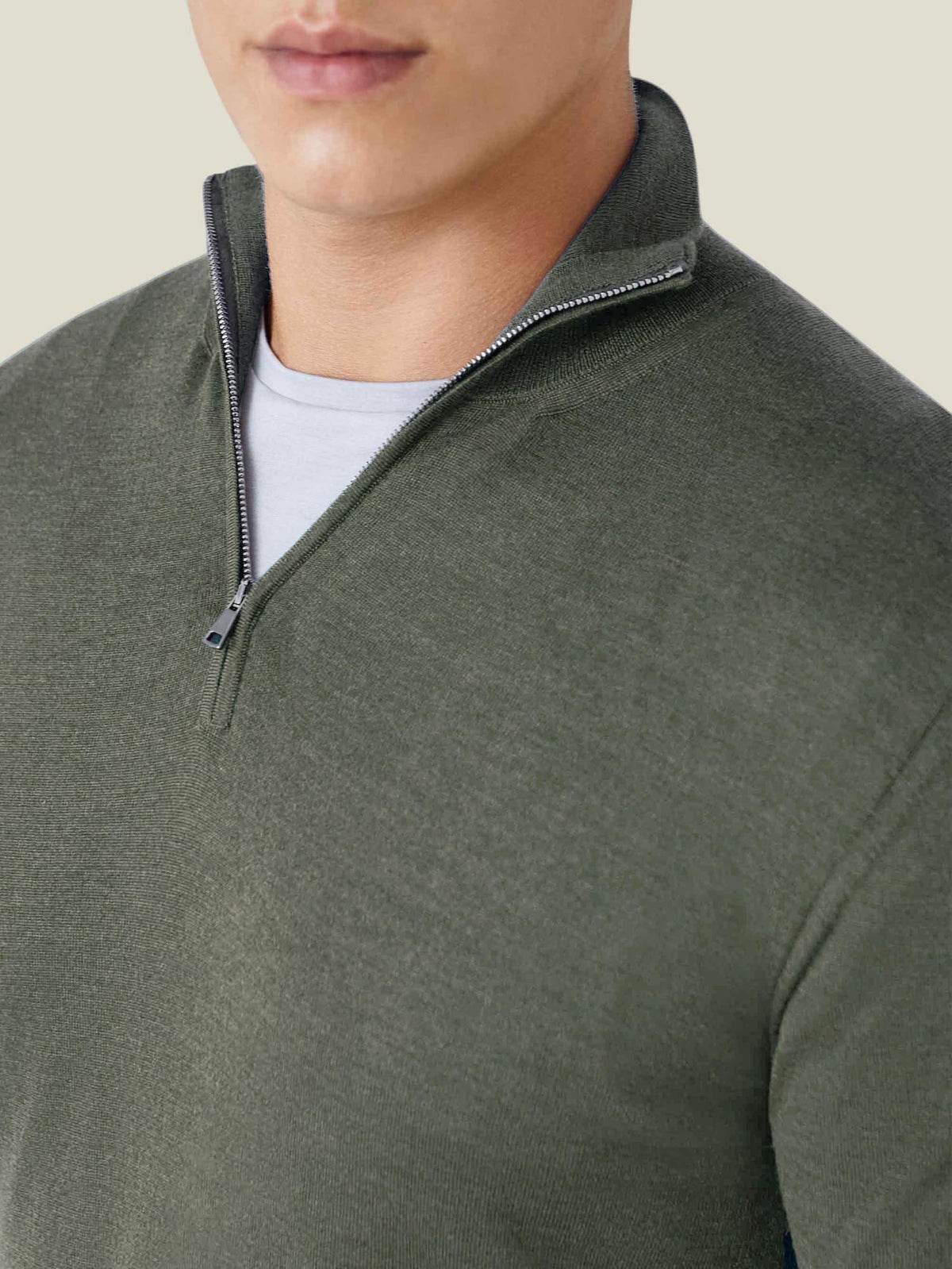 Close-up detail of a model wearing the Moss Green Silk-Cashmere Zip-up, showing the quarter-zip and ribbed funnel collar.