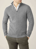 Model wearing the Luca Faloni Dolomiti Grey Pure Cashmere Zip-up, styled over a white shirt and paired with dark trousers.