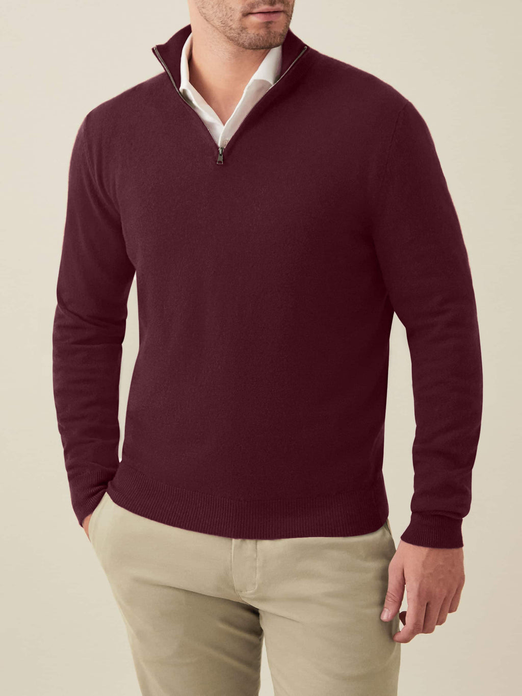 Front view of the Luca Faloni Cashmere Zip-up in grape, worn by a model.
