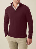 Front view of the Luca Faloni Cashmere Zip-up in grape, worn by a model.