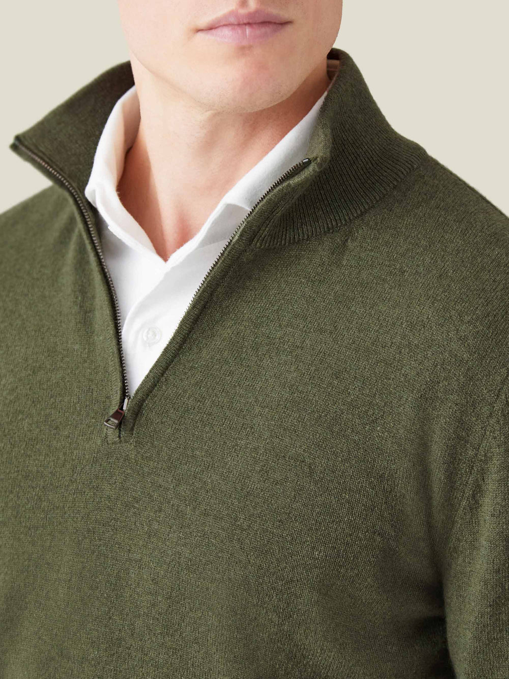 Close-up of the Luca Faloni Hunting Green Cashmere Zip-Up, detailing the ribbed funnel collar and premium zip.