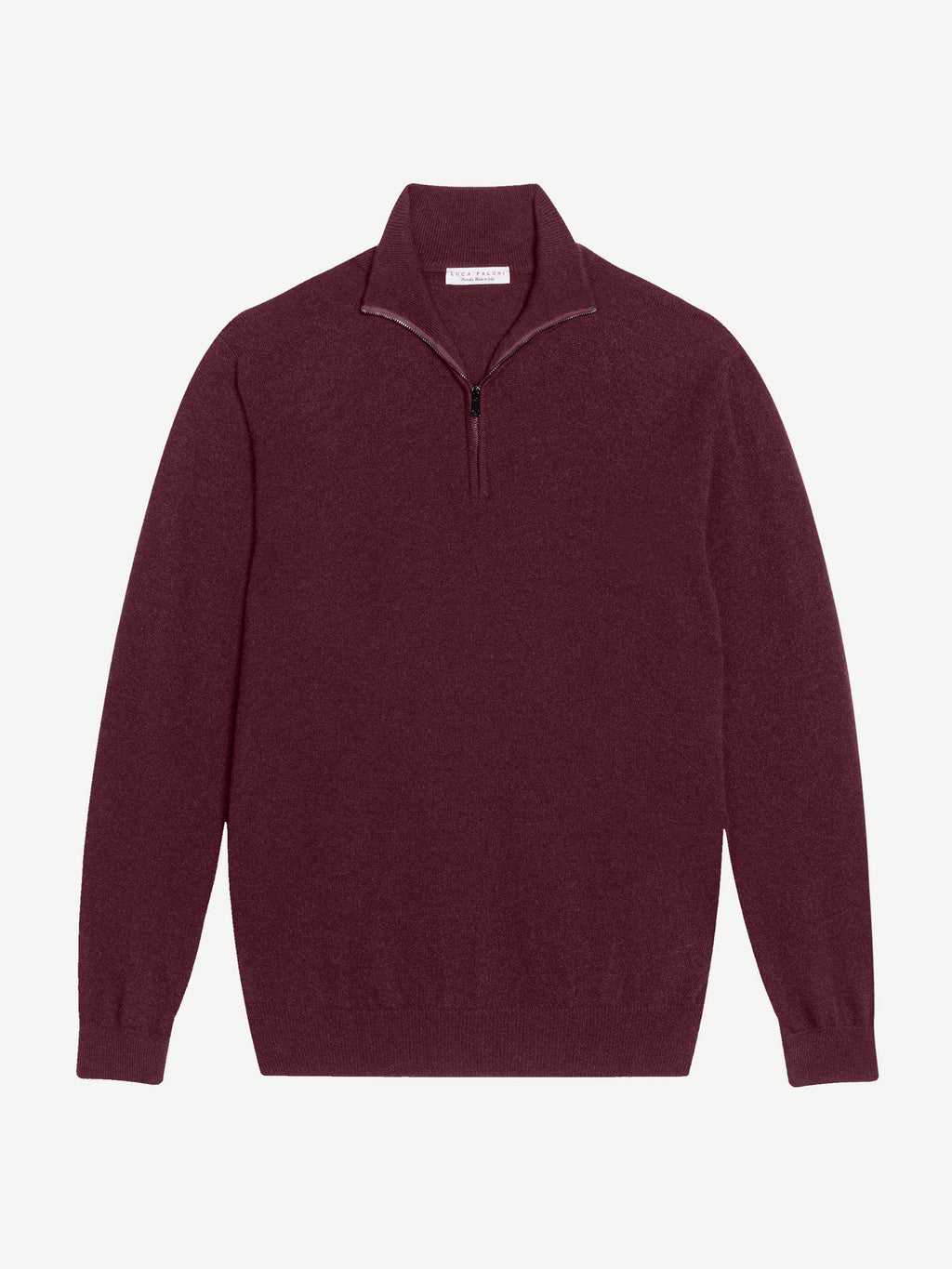 Front view of the Luca Faloni Cashmere Zip-up in grape, laid flat against a white background.