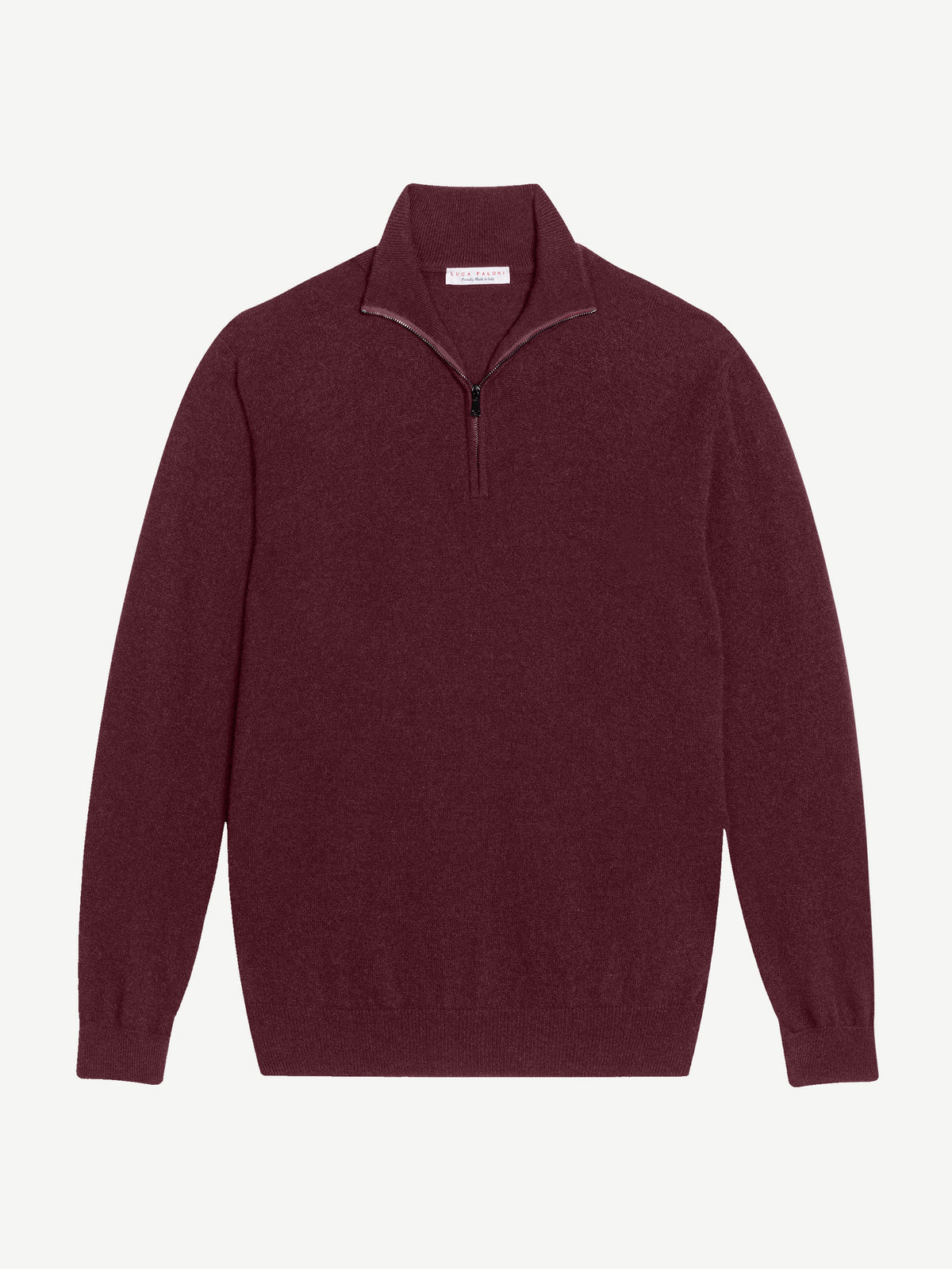 Front view of the Luca Faloni Cashmere Zip-up in grape, laid flat against a white background.