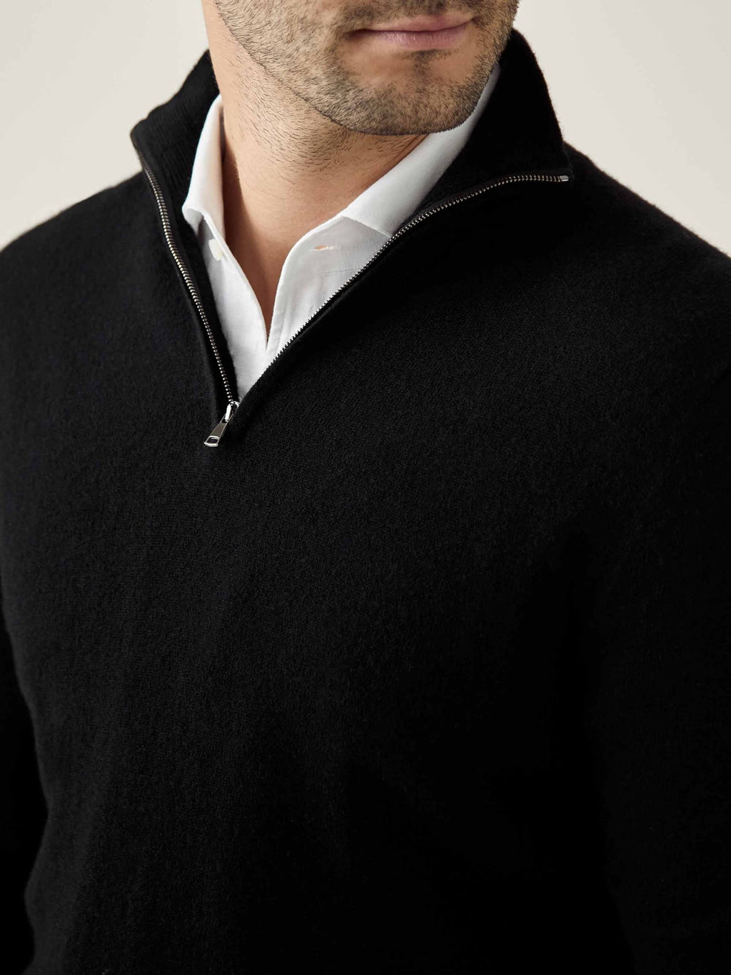 Close-up on the funnel collar and premium zipper of a black cashmere zip-up, layered over a white shirt.