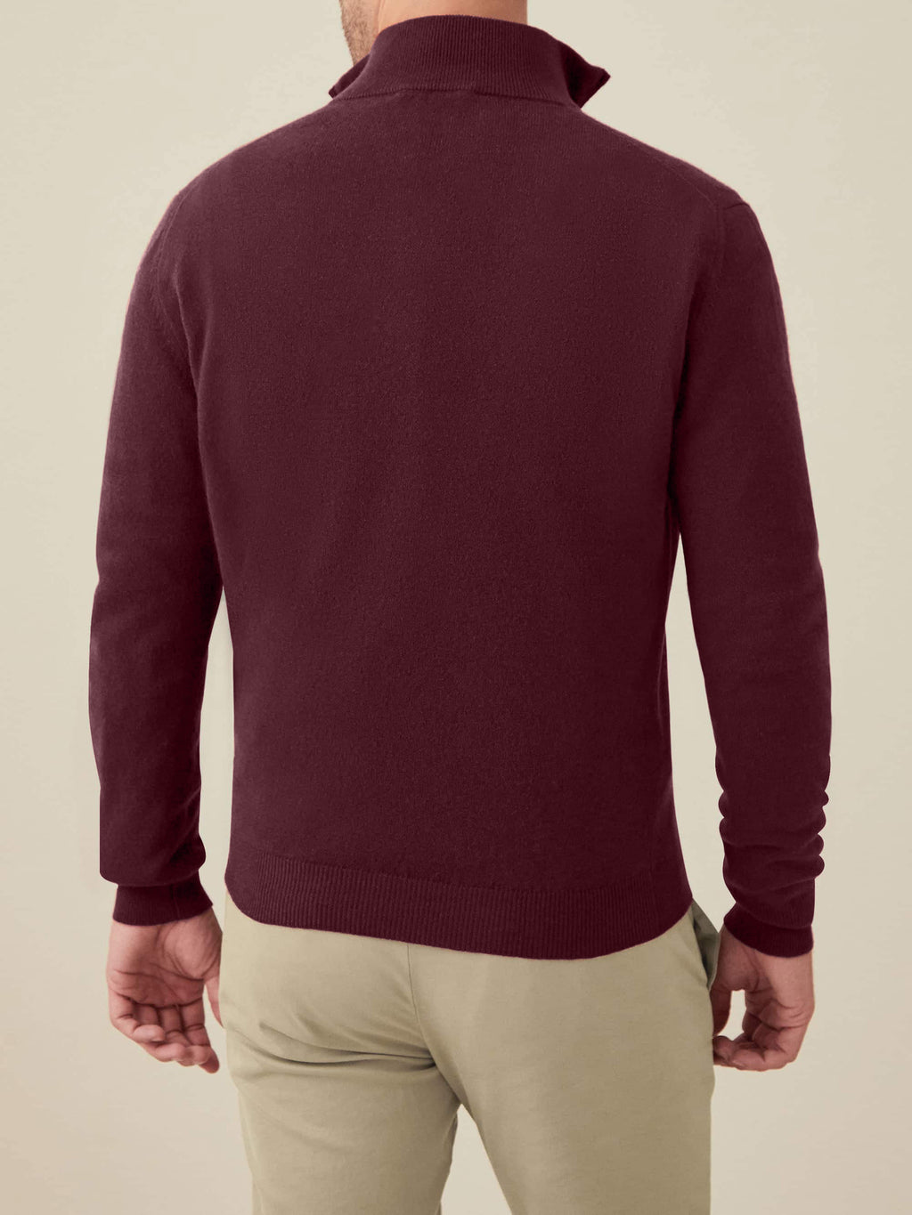 Back view of a model wearing the Luca Faloni Cashmere Zip-up in grape.