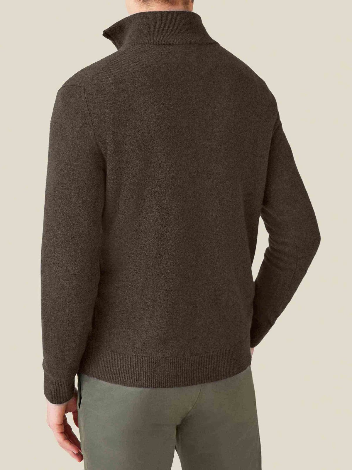 Rear view of a man wearing the Luca Faloni Chocolate Brown Cashmere Zip-Up, showcasing the fit and funnel neck design.