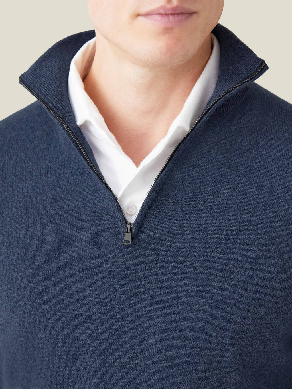 Close-up of the Atlantic Blue Cashmere Zip-up, highlighting the ribbed funnel collar and premium Lanfranchi zipper detail.
