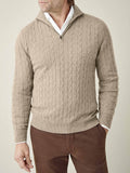 Front view of a model wearing the Cable Knit Zip-up in Camel Beige, layered over a white collared shirt.