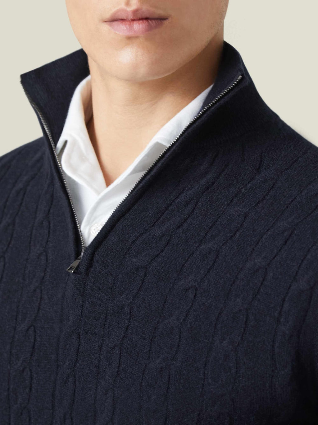 Close-up of the Luca Faloni Cable Knit Zip-up in midnight blue cashmere, showing the detailed zip collar and knit texture.