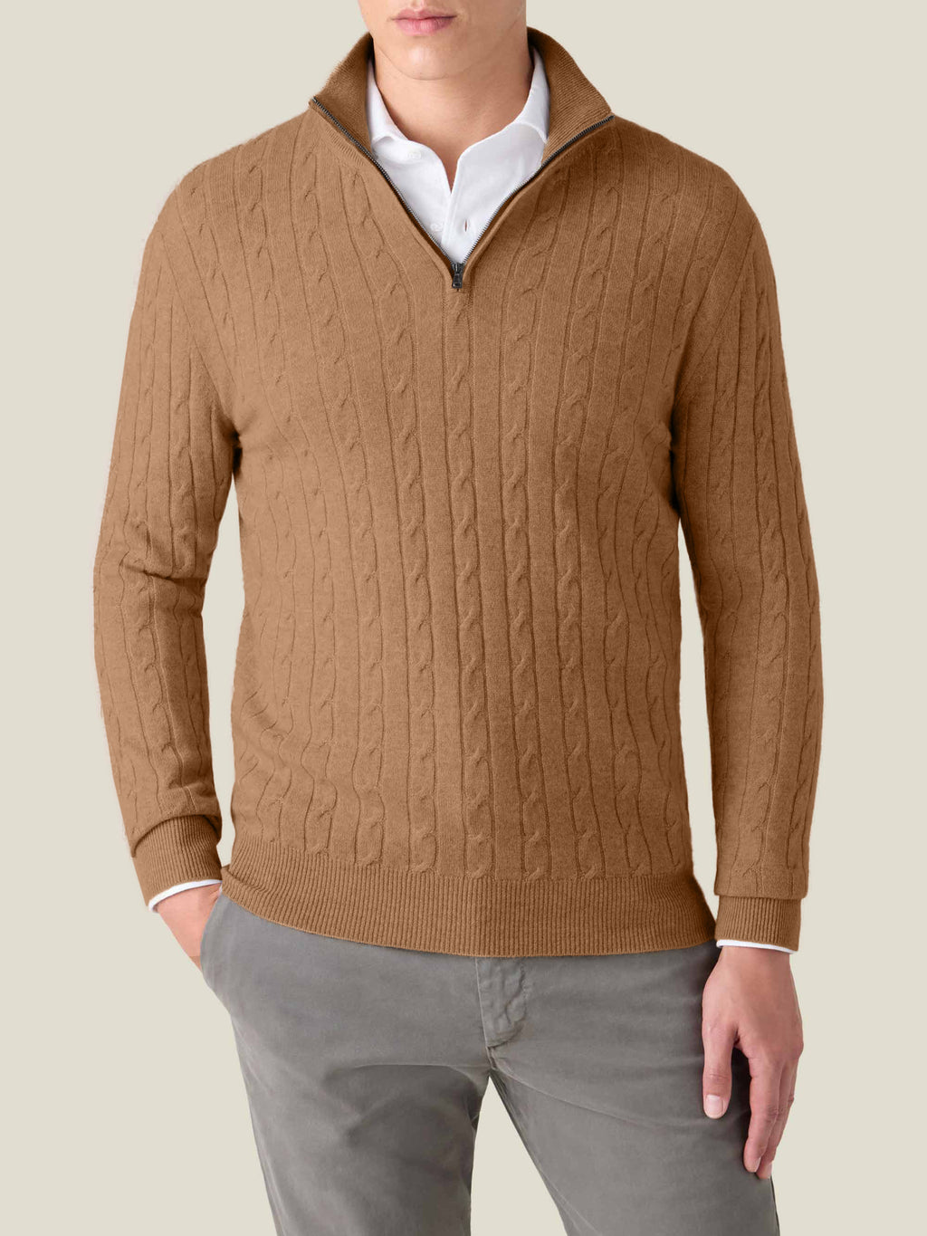 Luca Faloni 2-Ply Cashmere Cable Knit Zip-up - Caramel Brown - view 1