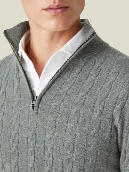 Close-up of the Moss Green Cashmere Cable Knit Zip-up, showcasing the funnel collar, zip detail, and cable knit texture.