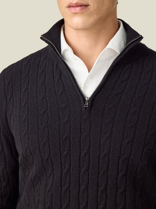 Close-up of a model wearing the Luca Faloni Cable Knit Zip-up in black, highlighting the zip and cable knit texture.