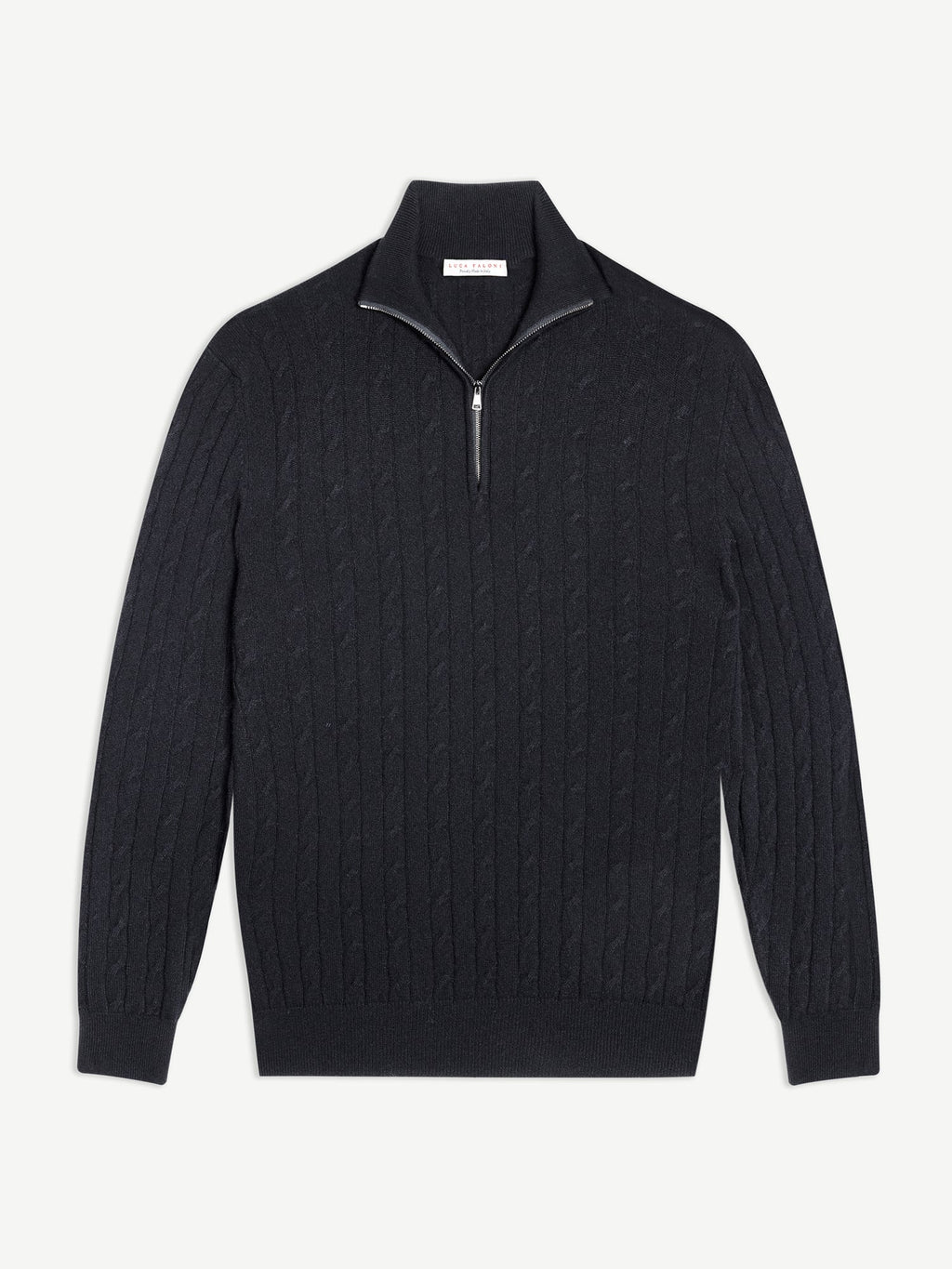 Front view of the Luca Faloni Cable Knit Zip-up in charcoal grey, laid flat against a white background.