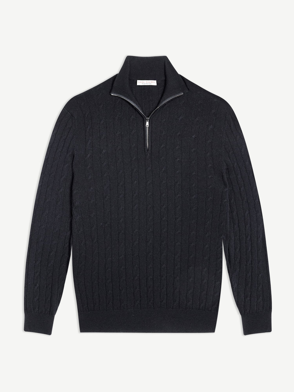 Front view of the Luca Faloni Cable Knit Zip-up in charcoal grey, laid flat against a white background.