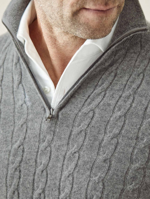Close-up detail of a man wearing the Luca Faloni Cable Knit Zip-up in Dolomiti Grey, layered over a white shirt.