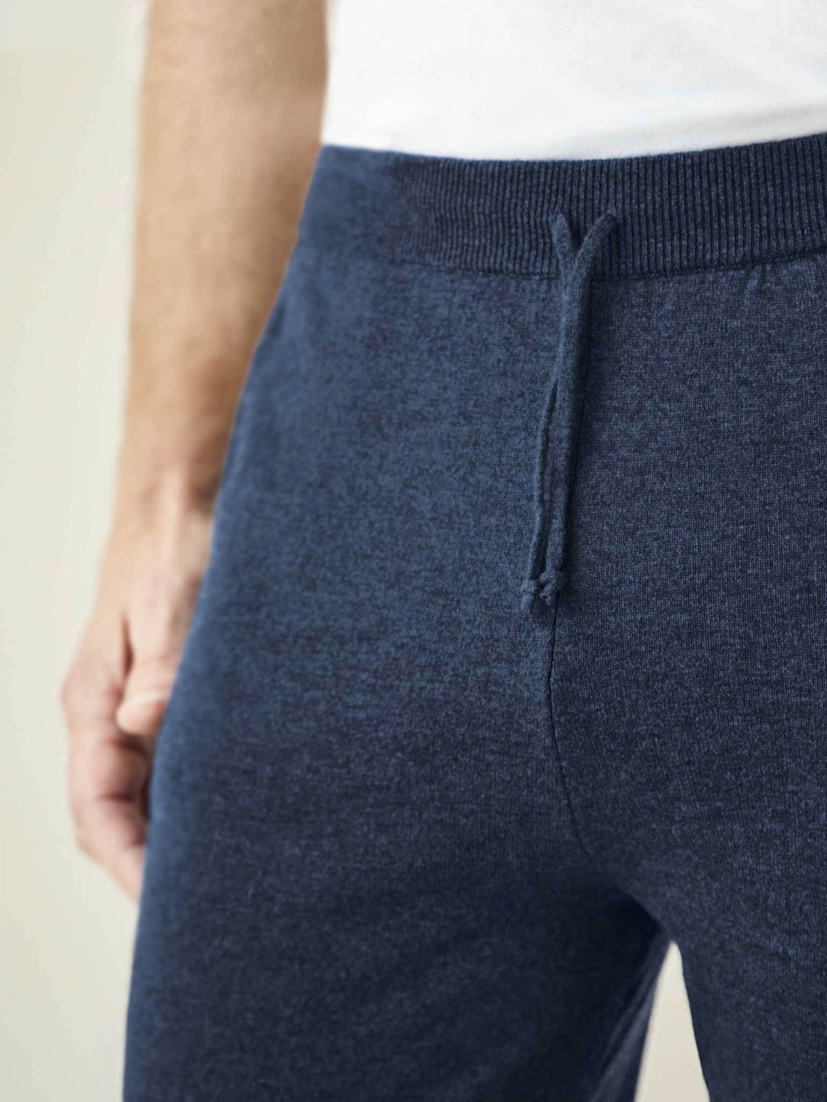 Close-up of the ribbed waistband and drawstring on the Atlantic Blue Cashmere Joggers.